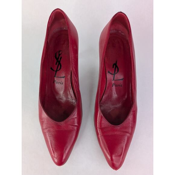Vintage YSL Paris Shoes Size 8N Cherry Red Leather Pumps - Picture 3 of 11